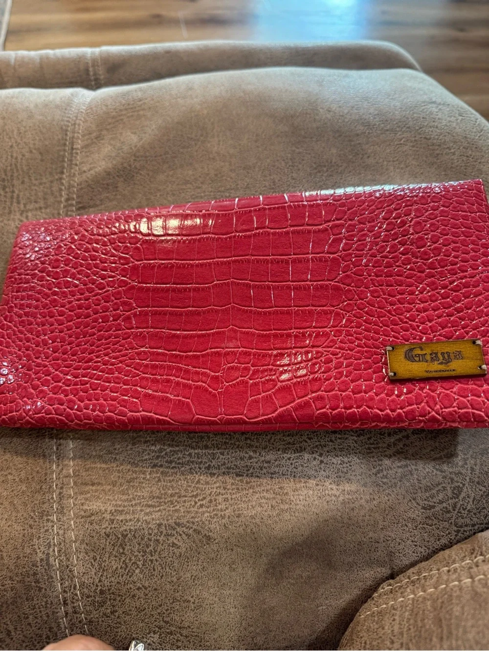 Red Croc-Embossed Foldover Clutch with Buckle Accent